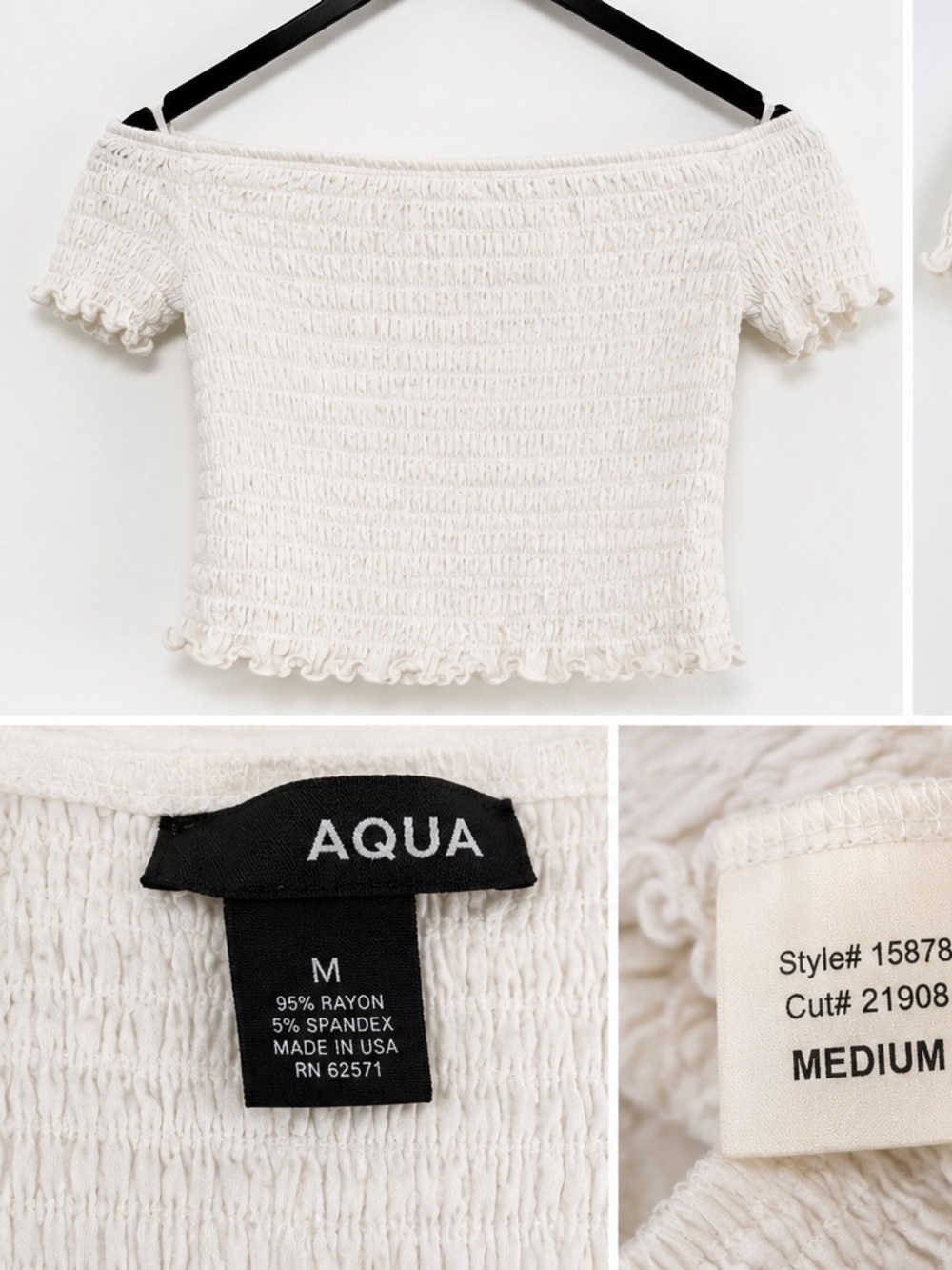 AQUA white smocked off-the-shoulder top — Medium